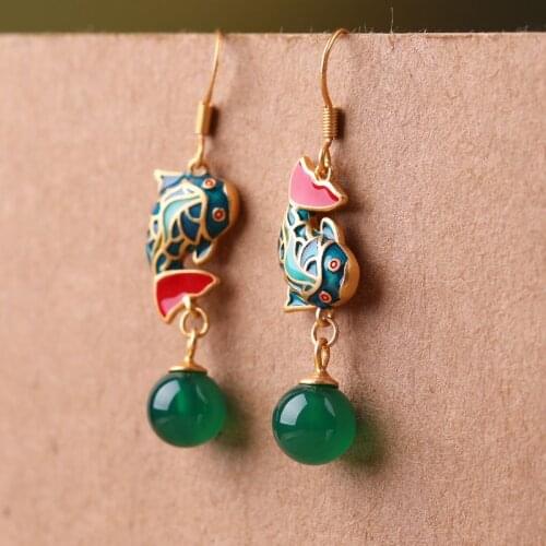 Objects From Chinese Culture Carp Fish Dangle Earrings Ethnic Green Agate Pendant Earrings Jewelry Lucky Womens Gift