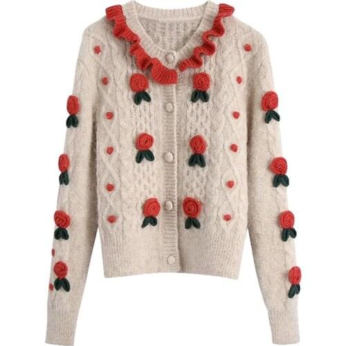 2021 New Women Fashion With Floral Details Cropped Knitted Cardigan Sweater Vintage Long Sleeve Female Outerwear Chic Tops