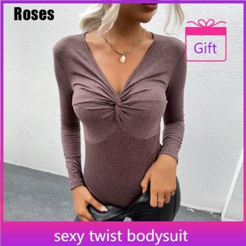 2021 Autumn New Sexy V Neck Twist Skinny Bodysuit Womens Long Sleeve Tee Shirts Female Pullover Tops T-shirt Basic Clothing