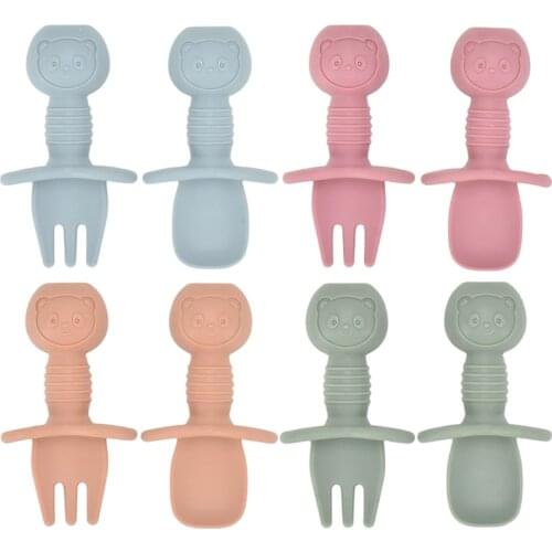 2pcs/set Food Grade Silicone Mini Fork Spoon For Baby Animal Print Utensils Set Feeding Spoon Learn To Eat Childrens Tableware
