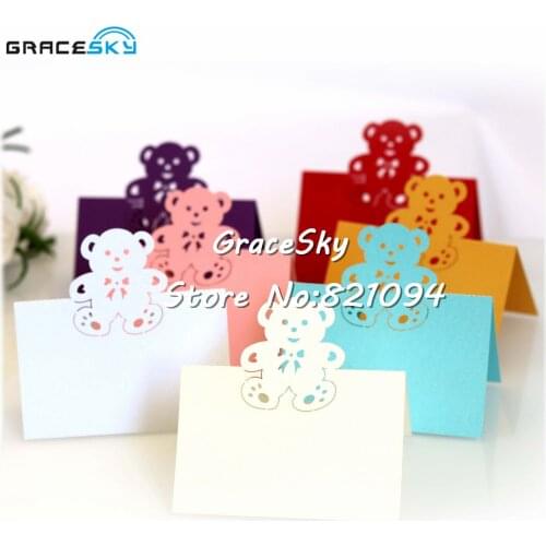50pcs laser cut Lovely bear Birthday Wedding invitation Table cards place seat name cards Baby shower party Table decoration