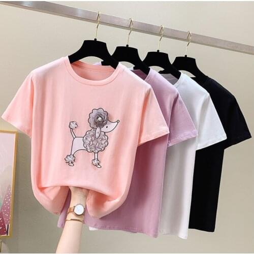 Short Sleeve Oversized T Shirt Women Tops Summer Plus Size Looes Pink Woman Tshirt Cotton White Beading New 2021 Clothes