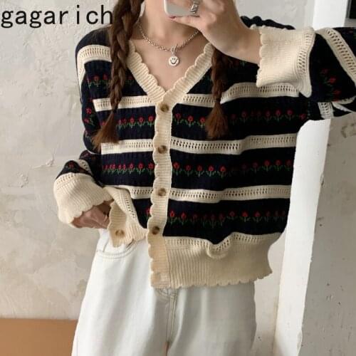 Gagarich Woman Knitting Cardigan 2021 Autumn New V-neck Striped Floral Single Breast Versatile Thin Casual Female Sweater Trend