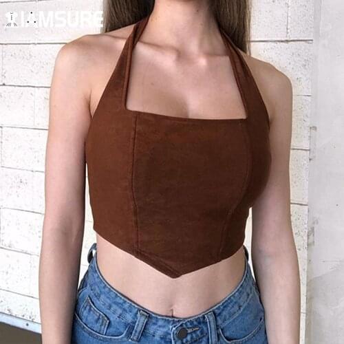 IAMSURE Solid Basic Halter Top Sexy Slim Square Collar Sleeveless Crop Top Casual High Street Elegant Tank Top Women Fashion 90S