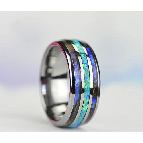 Personality Silver Color Wedding Band 8MM Unique Abalone Shell and Opal Inlaid Stainless Steel Ring Jewelry Gift For Men Women