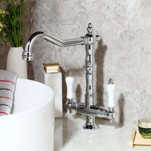KEMAIDI Bathroom Sink Basin Faucet Deck Mount Bright Chrome Swivel Washing Basin Mixer Water Taps 360 Swivel 2 Handles Tap