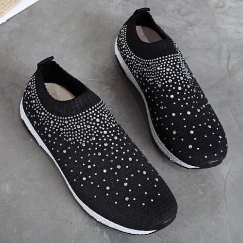 Flat Shoes Women Vulcanized Shoes Fashion Casual Breathable Mesh Diamond Platform Shoes Comfortable Ladies Sneakers Loafers 43