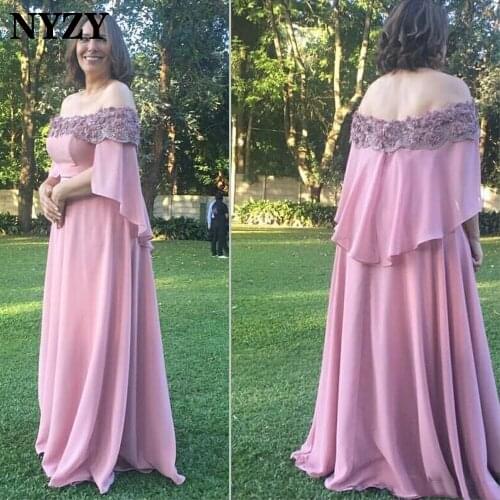 M373 NYZY Elegant Off the Shoulder Cape Sleeves Chiffon Mother of the Bride Dresses 2021 Long Wedding Party Dress Evening Gown
