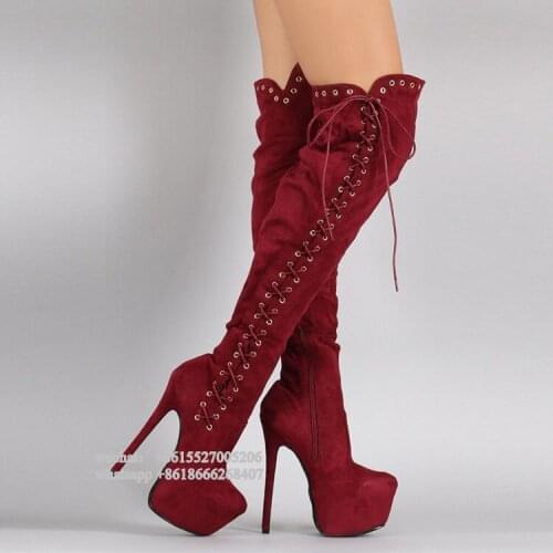 Fashion Side Lace Up Red Suede Leather Thigh High Boots Thick Platform Thin High Heel Winter Women Boots Over The Knee