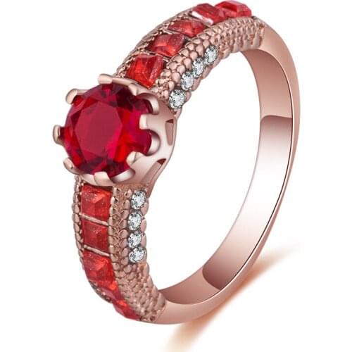 Fashion Rose Gold Red Crystal Ring Elegant Seduction Lady Engagement Jewelry Gift