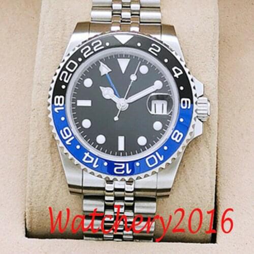 40mm PARNIS black dial Sapphire glass Luminous jubilee GMT automatic mens watch