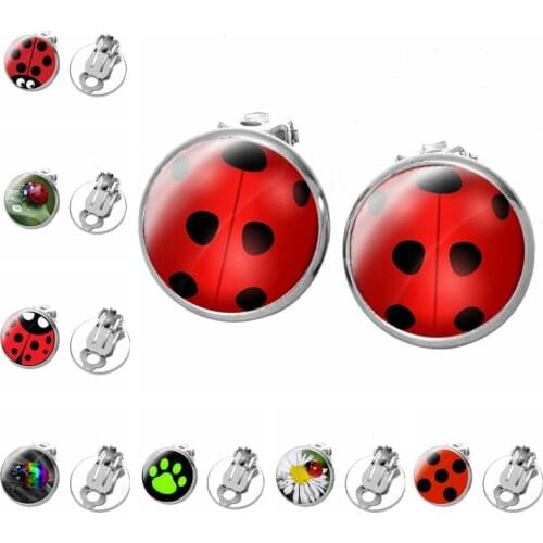 New 1Pair Ear Clip Ladybug Earrings Cosplay Ladybug Circle And Ladies Ladies Polka Dot Earrings Girls Party Gifts Anime Jewelry