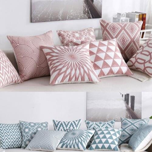 NEW 100% Cotton Woolen Embroidered Geometric Cushion Cover Modern Nordic Style Pink Blue Pillow Cover Cotton Throw Pillows Case