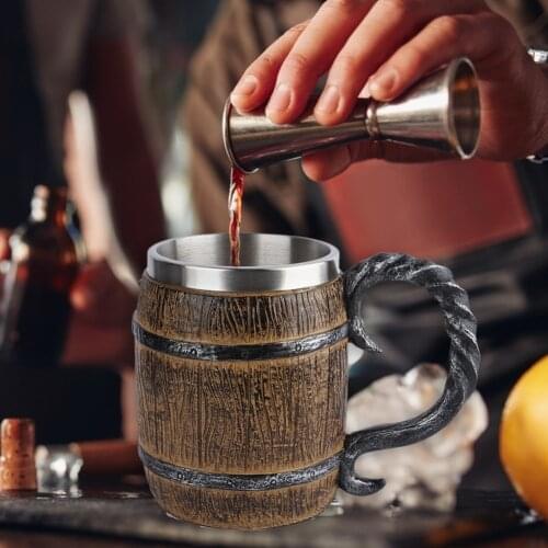 Modern Mugs Double Simulation Barrel Resin Beer Mug Stainless Steel Coffee Cup Creative Wine Tumbler Drinkware for Bar
