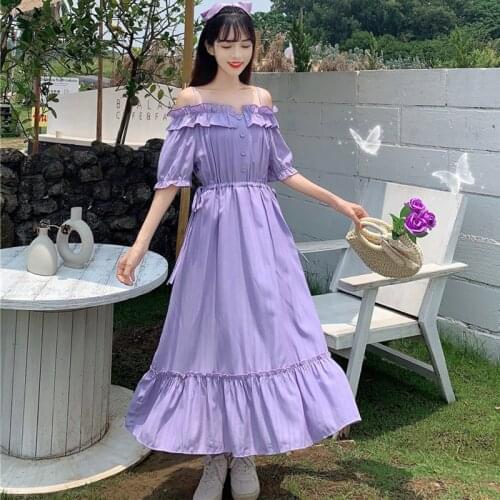 Mid-Length Waist Hugging Slim Non-Mainstream A- line Dress Horizontal Neck Sexy off-Shoulder Summer Dungaree sweet Lolita dress