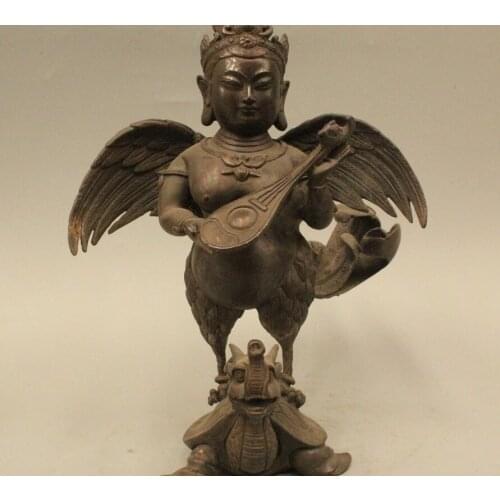 9" Tibet Tibetan Bronze Stand Dragon Turtle pipa Lute Kwan-Yin Bird Buddha Statue