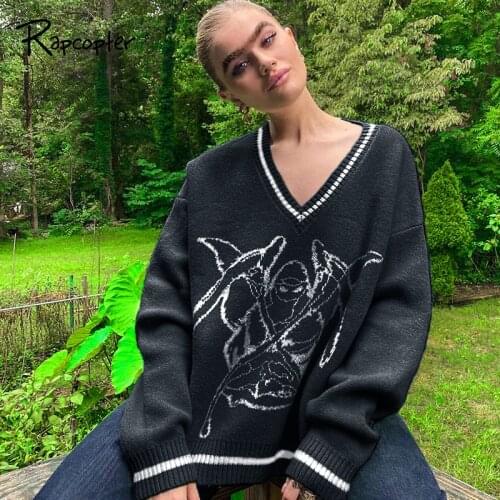 Rapcopter Y2K Long Sleeve Sweaters V Neck Pullovers Printed Knitwear Retro Cute Knitted Jumpers Autumn Winter Women Top 2020