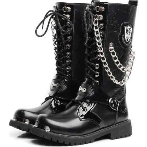 High Top Desert Tactical Military Boots Mens Leather Motorcycle Boots Army Combat Boots Fashion Male Gothic Belt Punk Boots