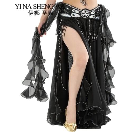 1pc Chiffon Roll Leaf Double Split Skirt Belly Dance Chiffon Skirt Women Belly Dance Practice Skirt (Without Belt) 13 Colors New