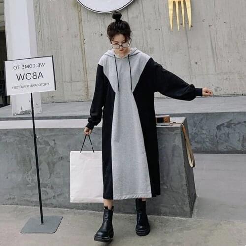 Women Loose Long Hoodie Casual Solid Color Hooded Sweatshirts Students Autumn Winter Baggy Pullover Oversized Sweatshirt Dress