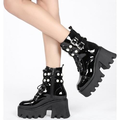 Spring Lace-Up Motorcycle Boots For Women Round Toe Thick Platform High Heels Female Ankle Boots Gothic Style Shoes998