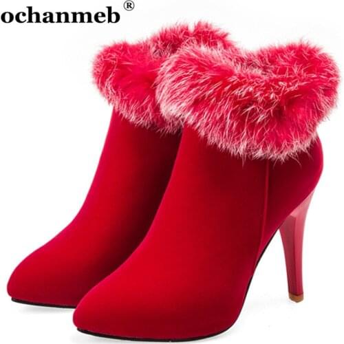 Sexy Women Stiletto Heels Boots Shoes Lady Autumn Winter Real Rabbit Fur Winter Boots Woman Red Thin High Heels Booties 2021 New