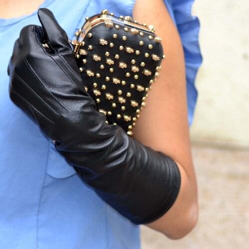 Women 40cm long real sheep leather back three lines style elbow long gloves black