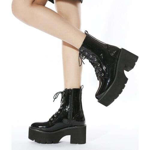 Women Autumn Boots Platform Patent Leather Lace Chunky Heel Gothic Black Ankle Boots Femme Punk Style Dress Party Woman Boots
