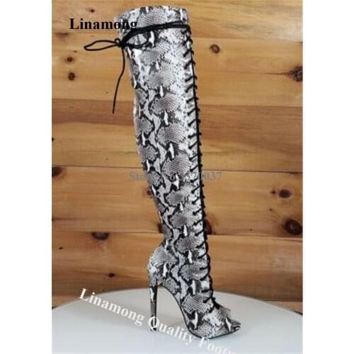 Linamong Newest Peep Toe Snake Leather Knee High Stiletto Heel Gladiator Boots Lace-up Long High Heel Boots Customize Colors