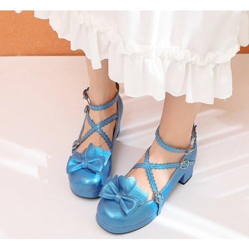 Womens Lolita Round Toe Bowknot Mary Janes Kawaii Cosplay Block High Heel Shoes Plus Size Cross-strap 6Colors V004