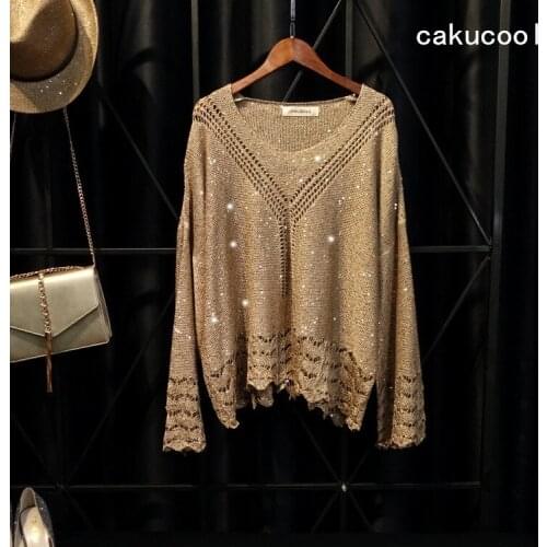 Cakucool Gold Lurex Knit Tops Women Long Sleeve Big O-neck Sequined Jumpers Thin Bling Hollow out Shiny Sweaters Pullover Female