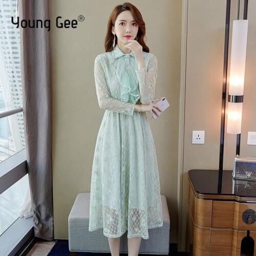 Young Gee Women Sweet Mint Green Pink Lace Floral Dress Long Sleeve Streetwear Elegant Pearls Beading Fairy Midi Party Dresses