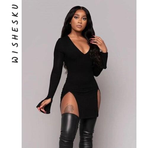 Women V Neck Long Sleeve Low Cut Mini Dress Sexy Goth Black Bodycon Split Dresses 2021 Summer Harajuku Party Night Club Robe