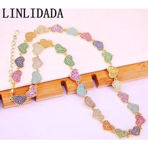 2Pcs Fashion Gold Filled Heart Shaped Colorful Zirconia CZ Micro Pave Top Quality Charm Necklaces Women Gift