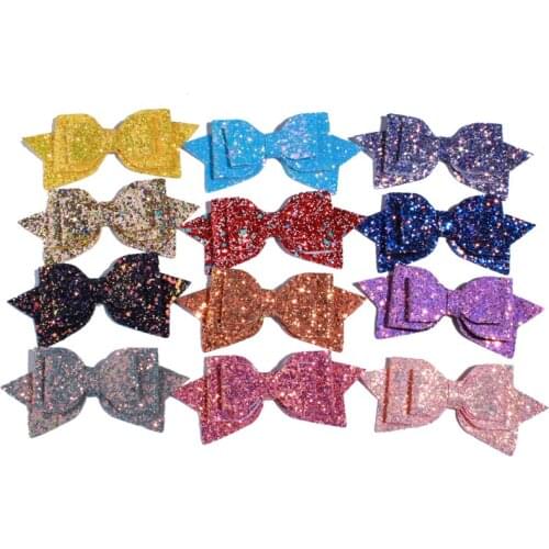 200PCS 13CM 5'' Boutique Glitter Synthetic Leather Bow Clip Messy Sequin Bow Knot Various Color Girl Headwear Hair Accessories
