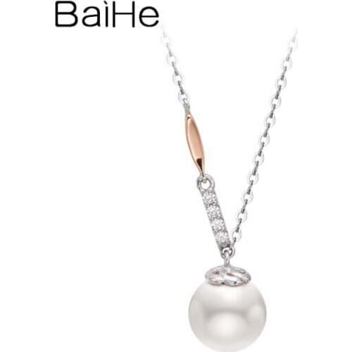 BAIHE Solid 18K White+Rose Gold 7.5~8mm Freshwater pearl 0.02ct Diamonds Necklaces Women Fine Jewelry Wedding Christmas Gift