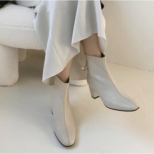 Ankle Boots Women Shoes Leather High HeelSquare Head Thick Heel Short Boots Zip Thick Heels Boots Lady Autumn Winter Size 33-42