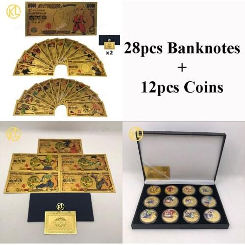 DBZ Anime Son-Goku-Bejita-Piccolo-Torankusu 28pcs Gold Plated Coin with 12pcs Gold Anime Banknotes Set