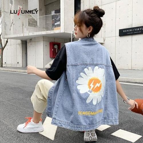 Lusumily Denim Waistcoat Women Daisy Printing Vest Female Casual Sleeveless Cowboy Outwear Loose Jacket Casual Fashion Vest