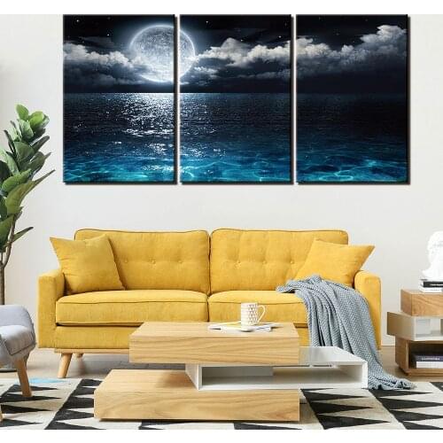 HD Prints 3 Pieces Lake Moon Night View Canvas Paintings Wall Art Posters Landscape Living Room Home Decoration Framework