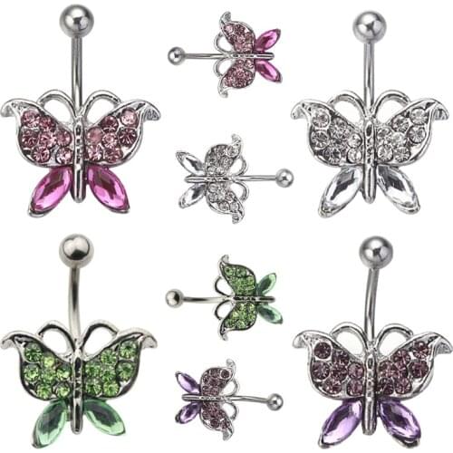 MODRSA 1Piece Rhinestone Butterfly Belly Button Rings Stainless Steel Navel Piercing Ring Piercing Ombligo Body Jewelry