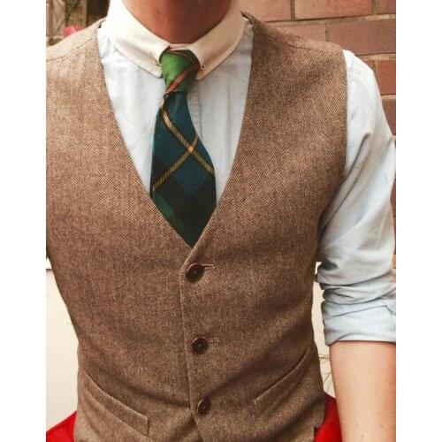 Rustic Wedding Brown Wool Herringbone Tweed Vests Custom Made Five Buttons Grooms Suit Vest Slim Fit Tailor Made Wedding Vest