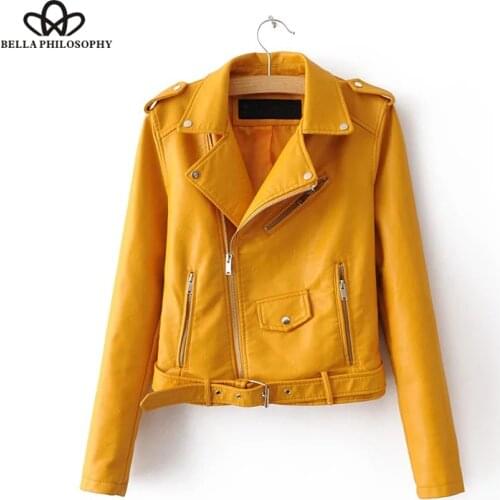 Bella Philosophy women autumn winter faux leather zipper biker jacket female casual sashes PU jacket coat ladies coat