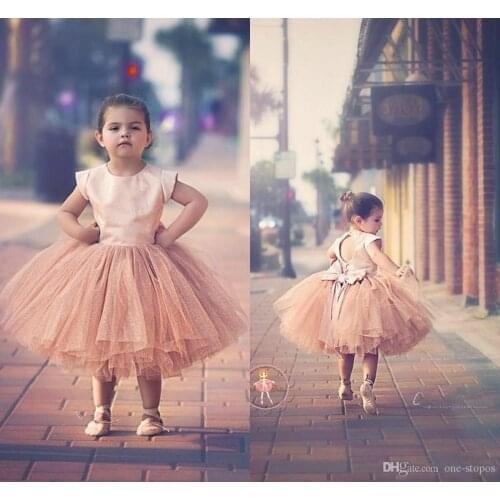 Cute Blush Pink Jewel Ball Gown Tea Length Flower Girls Dresses Keyhole Backless Pearl Bow Wedding Party Birthday Christmas Girl