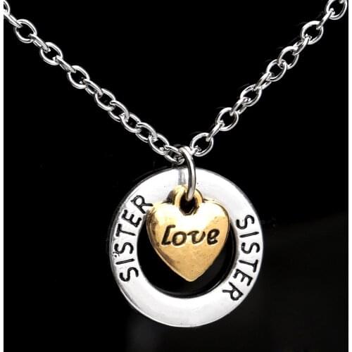 Fashion Love Heart Circle Sister Charm Pendant Chain Necklace Family Women Girls Sisters Sis Necklaces Best Friend Jewelry Gifts