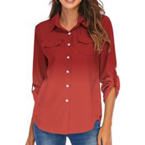 Fashion Women Gradient Color Chiffon Shirt Spring Autumn Long Sleeve Pocket Blouses Casual Turn-down Collar Shirts Plus Size