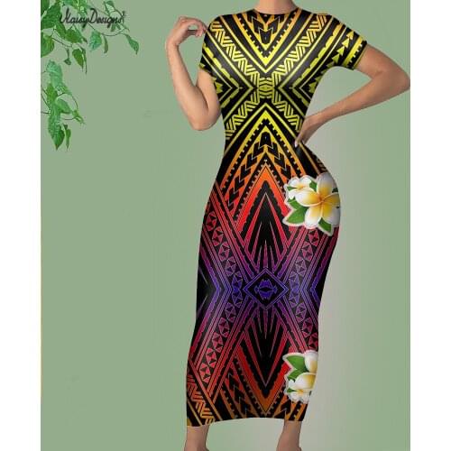 Noisydesigns Woman 2021 Sexy Bodycon Dress Hawaii Polynesian Hibiscus Flower Printing Lady Short Sleeves Casual Robe Longue