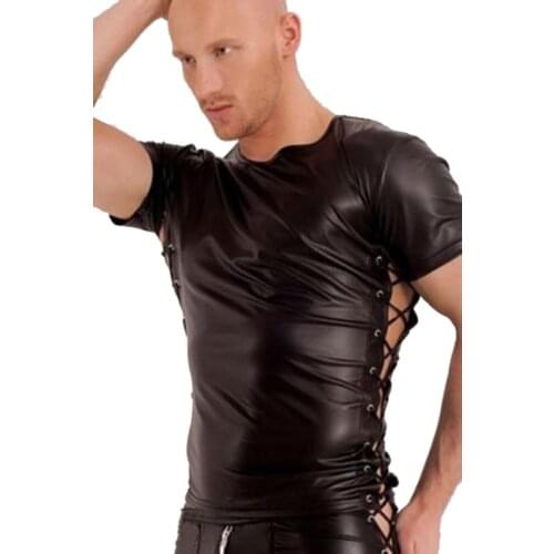 XXL BIG SIZE New Sexy Mens Black Bandage Leather Short Sleeve PU Undershirt Tank Top Vest Waistcoat Underwear