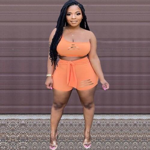 One Shoulder Hollow Skinny 2 Two Piece Set Women Clothes Oblique Collar See Through Front Crop Top+drawstring Fitness Shorts