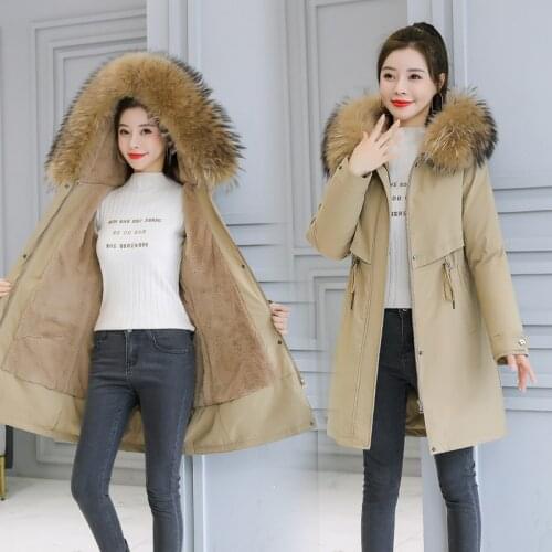 2021 Down Jacket Ladies New Cotton Lining Winter Parka Coat Parker Fashion Plus Velvet Thick Medium Long Hooded